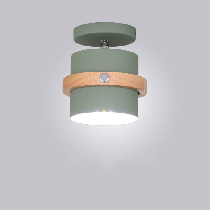 Contemporary Nordic Round Cylinder Iron Wood 1-Light Semi-Flush Mount Ceiling Light For Hallway