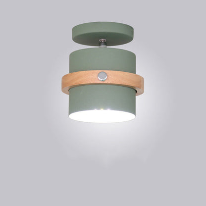 Contemporary Nordic Round Cylinder Iron Wood 1-Light Semi-Flush Mount Ceiling Light For Hallway