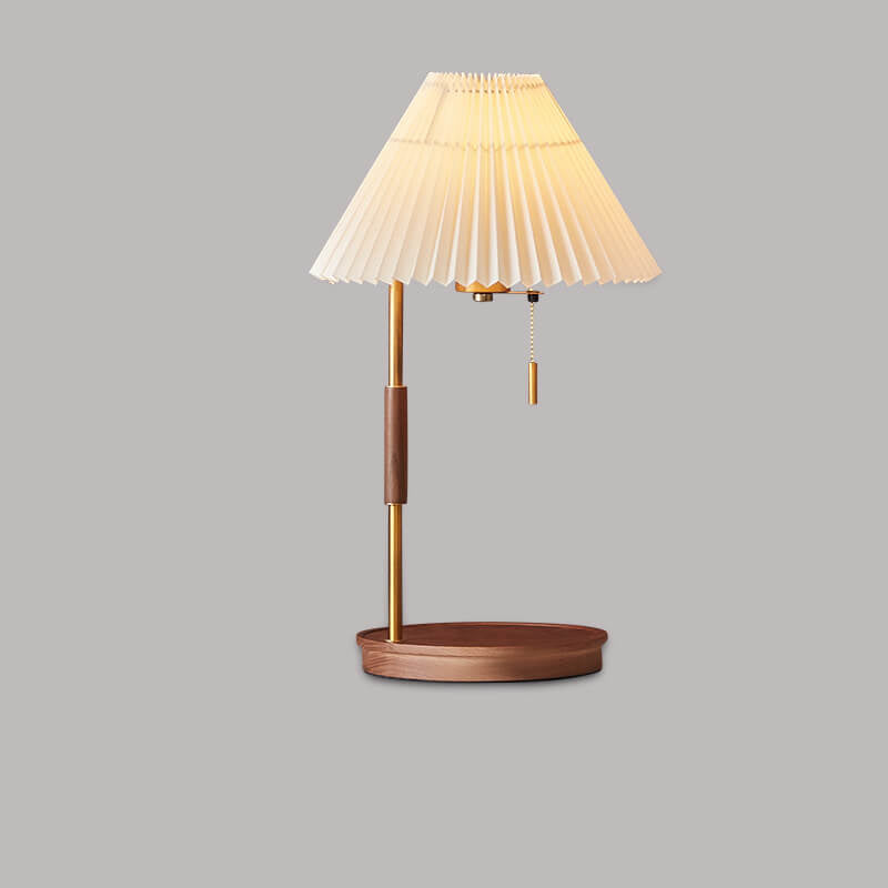 Modern Pleated Shade Walnut Wood Round Base 1-Light Table Lamp
