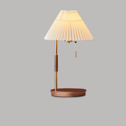 Modern Pleated Shade Walnut Wood Round Base 1-Light Table Lamp