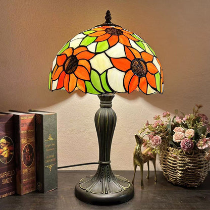 Traditional Tiffany Metal Glass Dome Grape Flower Dragonfly Butterfly 1-Light Table Lamp For Bedside