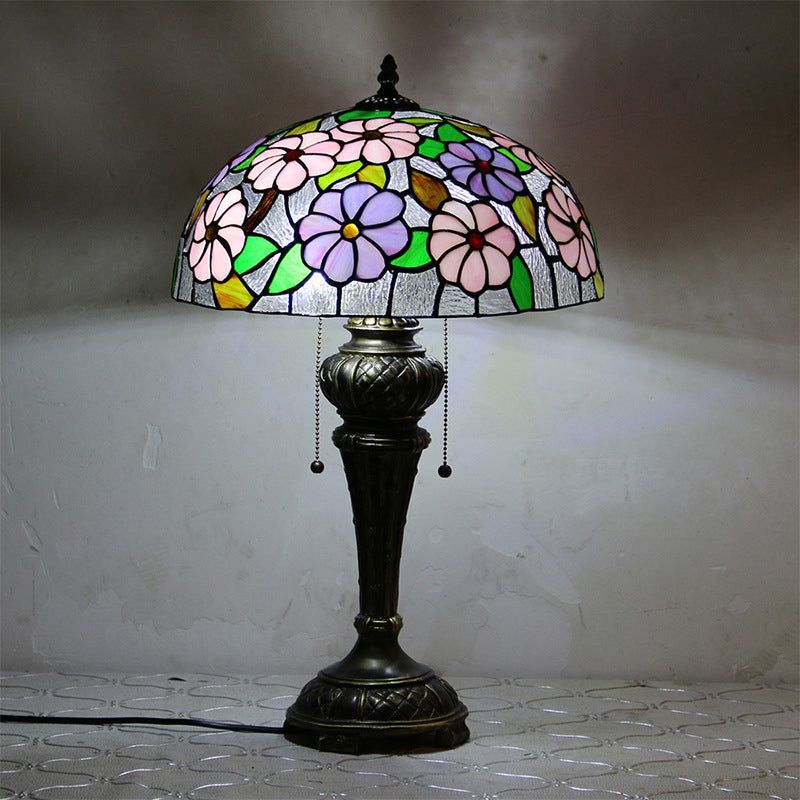 Traditional Tiffany Resin Glass Dome Hemispheric Flower 2-Light Table Lamp For Bedside