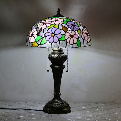 Traditional Tiffany Resin Glass Dome Hemispheric Flower 2-Light Table Lamp For Bedside