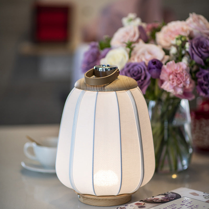 Traditional Chinese Leather Wood Stainless Steel Fabric Flower Bamboo Leaf Rechargeable LED Hanging Table Lamp For Bedside