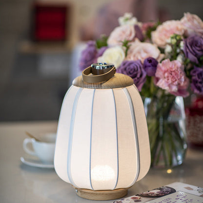 Traditional Chinese Leather Wood Stainless Steel Fabric Flower Bamboo Leaf Rechargeable LED Hanging Table Lamp For Bedside