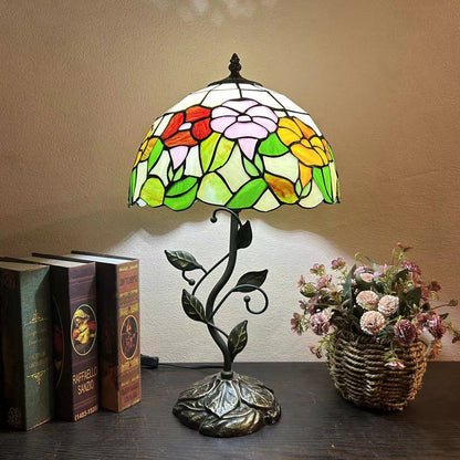 Traditional Tiffany Resin Glass Dome Conic Flower Leaf 1-Light Table Lamp For Bedside
