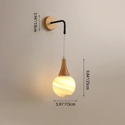 Traditional Vintage Wood Frame Moon Textured Globe Shade 1-Light Wall Sconce Lamp For Bedroom