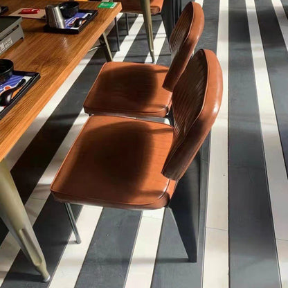 Contemporary Industrial Oil wax Leather Metal Sponge Wood Square Vertical Stripe Dining Chair Backrest Armrest For Dining Room
