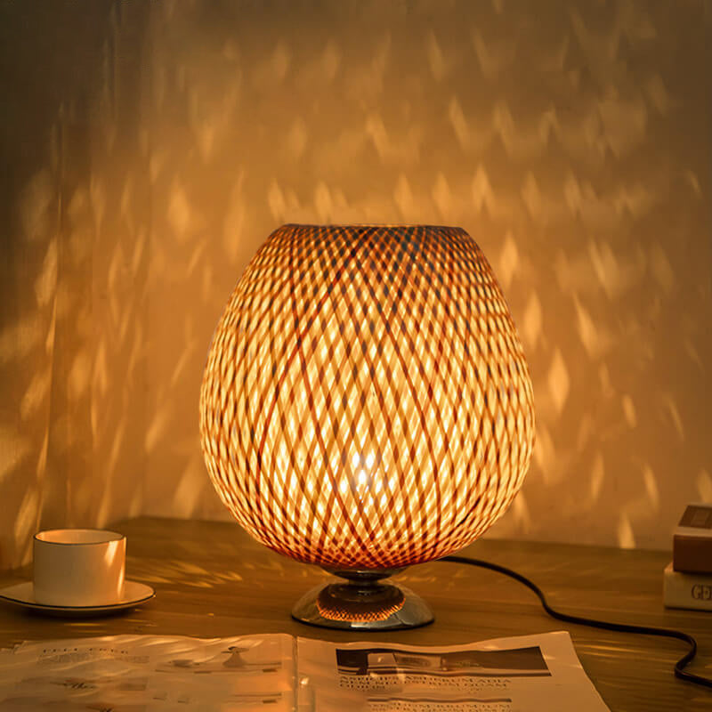 Chinese Minimalist Bamboo Weaving Oval Round 1-Light Table Lamp