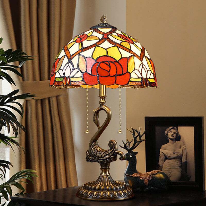 European Luxury Stained Glass Swan Base Copper 2-Light Table Lamp