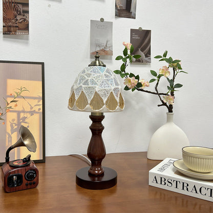 Traditional Vintage Wood Glass Hemispheroid Shell Lozenge 1-Light Table Lamp For Bedside