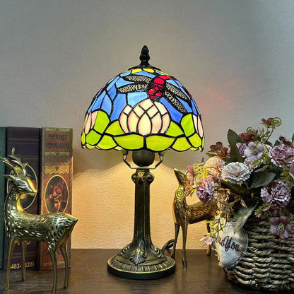 Traditional Tiffany Alloy Glass Dome Flower 1-Light Table Lamp For Bedside