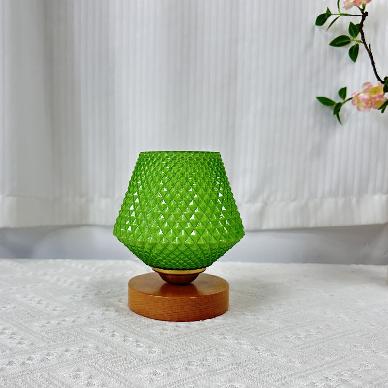 Contemporary Creative Wood Glass Tapered Ribbed Pattern 1-Light Table Lamp For Bedside