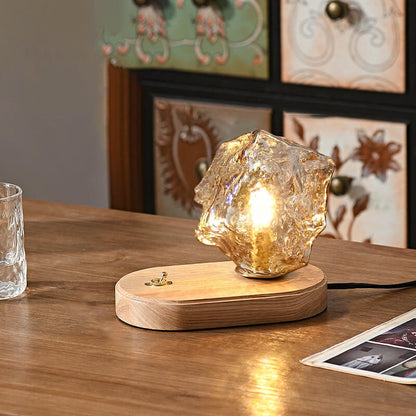 Japanese Vintage Walnut Irregularly Glass Lampshade 1-Light Table Lamp