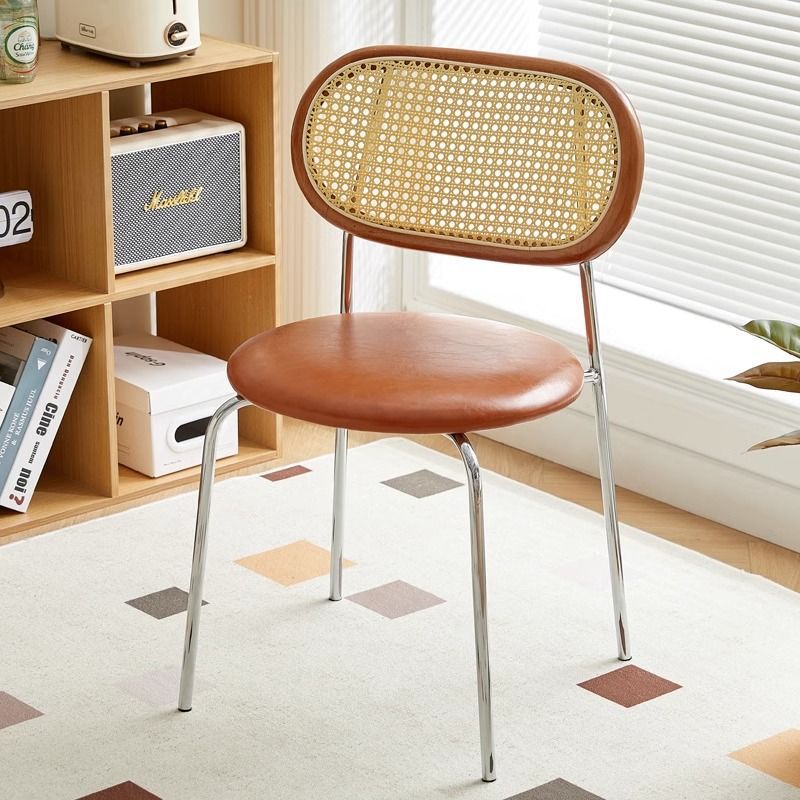 Contemporary Vintage Round Rectangular Solid Wood Metal Genuine Leather Dining Chair Backrest For Dining Room