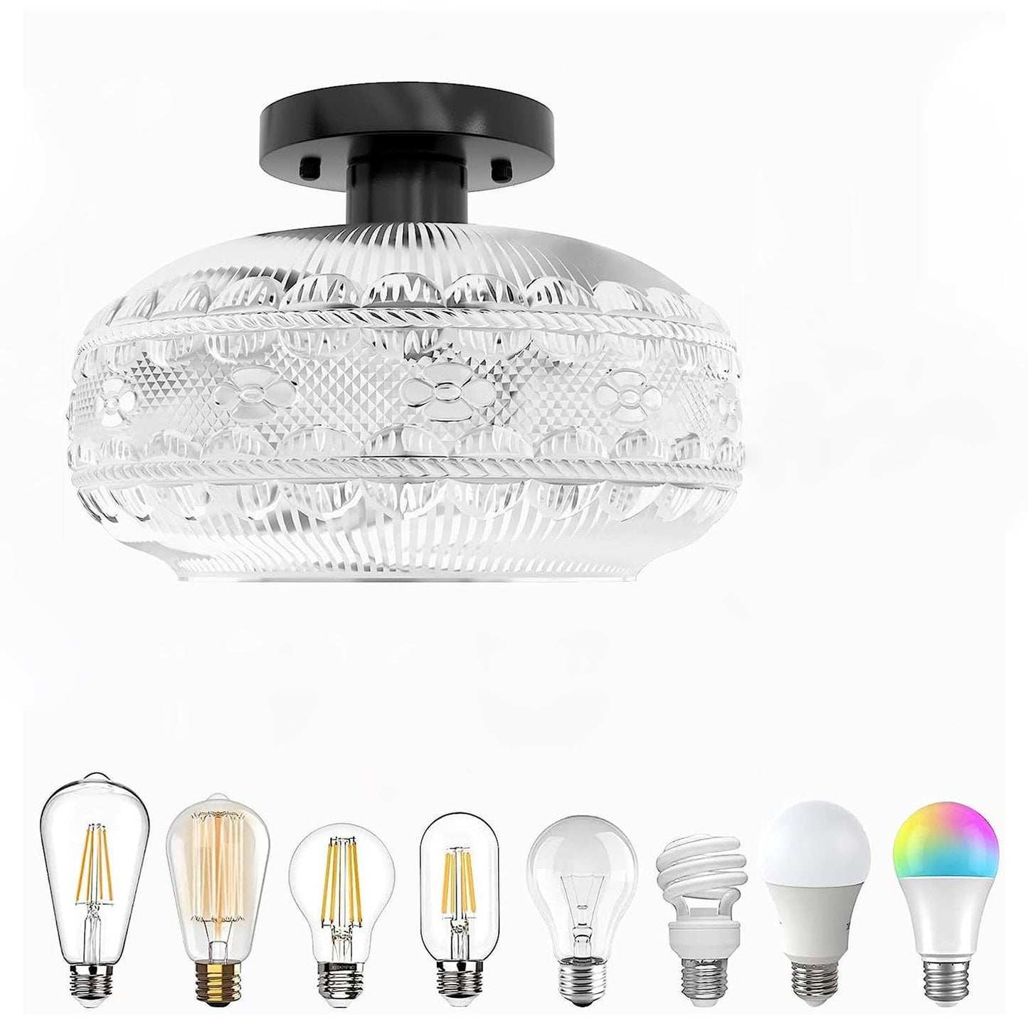 Contemporary Industrial Textured Glass Lantern 1-Light Semi-Flush Mount Ceiling Light For Living Room