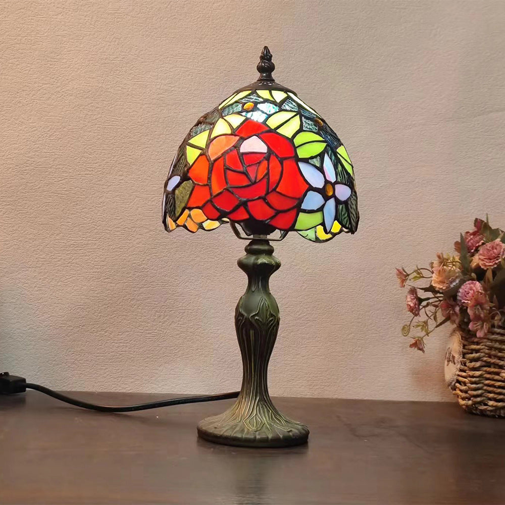 Traditional Tiffany Dome Flower Zinc Stained Glass 1-Light Table Lamp For Bedroom