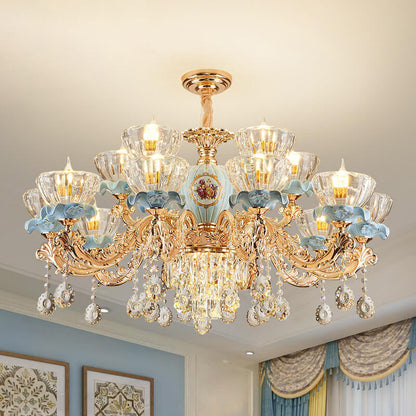 Traditional European Flower Candelabra Zinc Alloy Crystal Glass Ceramic 6/8/10/12 Light Chandelier For Living Room