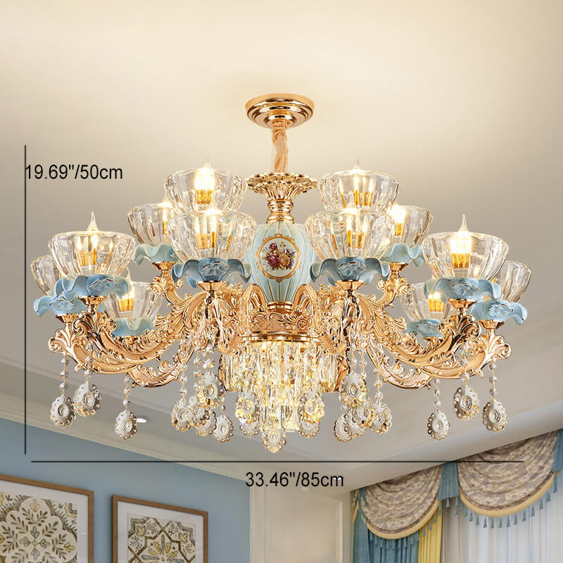 Traditional European Flower Candelabra Zinc Alloy Crystal Glass Ceramic 6/8/10/12 Light Chandelier For Living Room