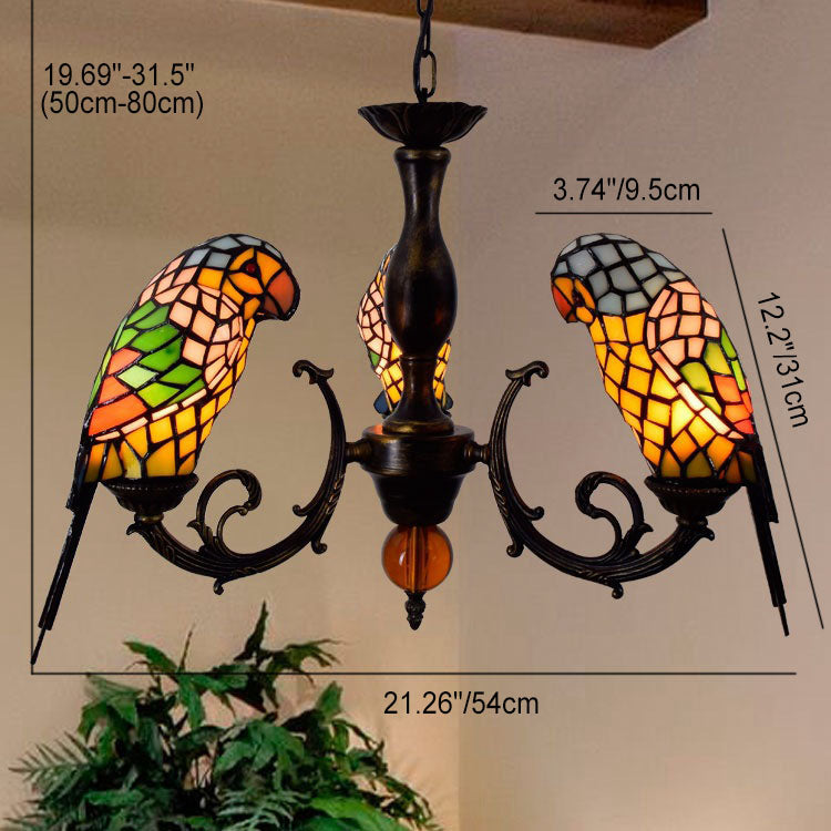 Tiffany Vintage Parrot Hardware Stained Glass 1/3 Light Chandelier