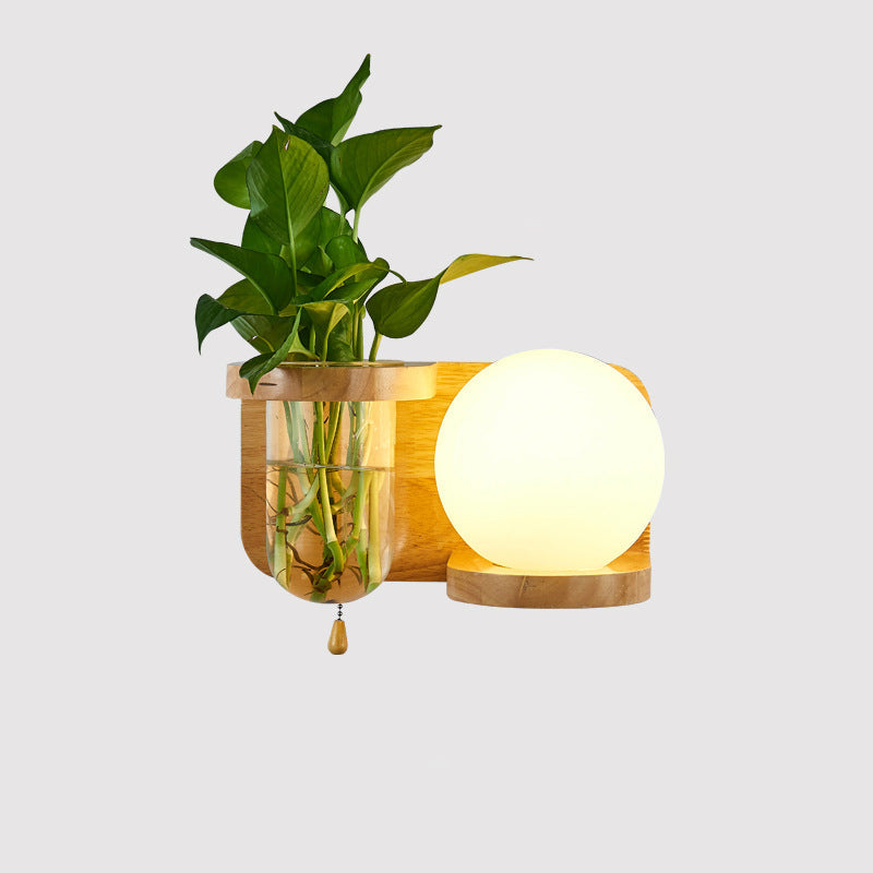 Modern Minimalist Rectangular Cylinder Orb Glass Wood 1-Light Wall Sconce Lamp For Living Room