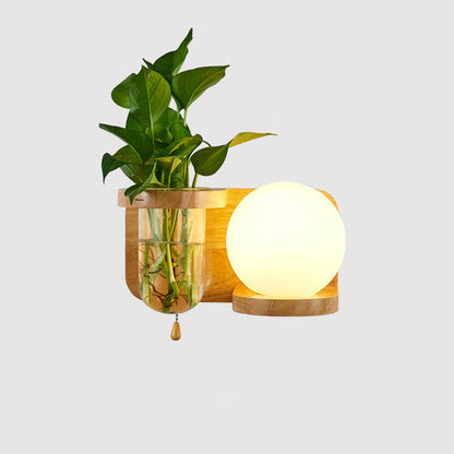 Modern Minimalist Rectangular Cylinder Orb Glass Wood 1-Light Wall Sconce Lamp For Living Room