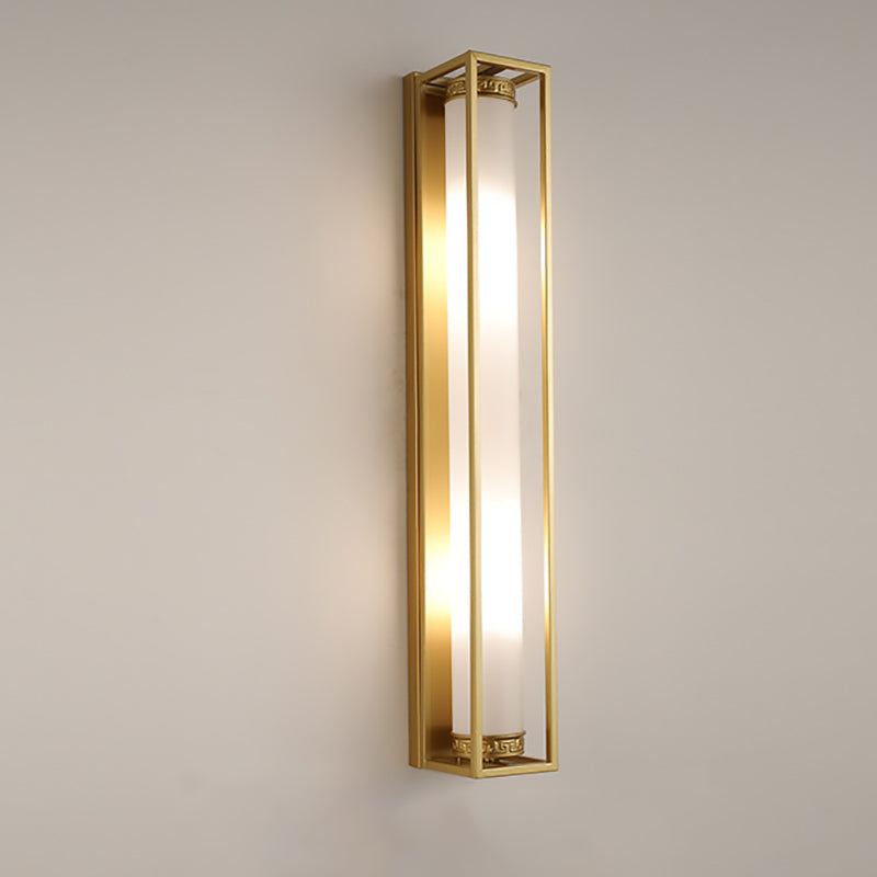 Traditional Chinese Iron Glass Rectangular Cylinder 2-Light Wall Sconce Lamp For Living Room