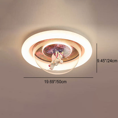 Modern Cartoon Pink Astronaut Unicorn Round Acrylic Resin LED Flush Mount Ceiling Light