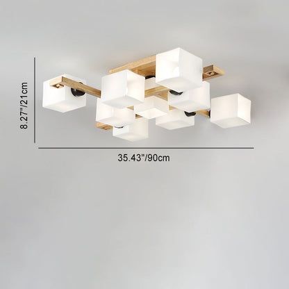伝統的な日本の木製ガラス製立方体スクエア4/5/8/9灯セミフラッシュマウント天井照明リビングルーム用