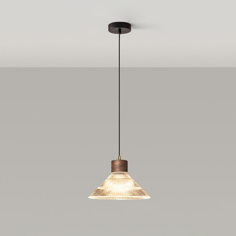 Traditional Chinese Iron Walnut Glass Conic Umbrella-Shaped 1-Light Pendant Light For Dining Room