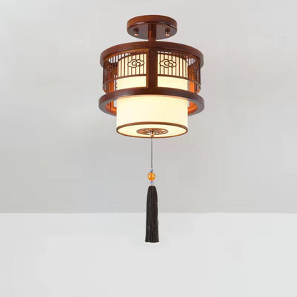 Traditional Chinese Solid Wooden Fabric Lantern Shade 1/3-Light Chandelier For Living Room