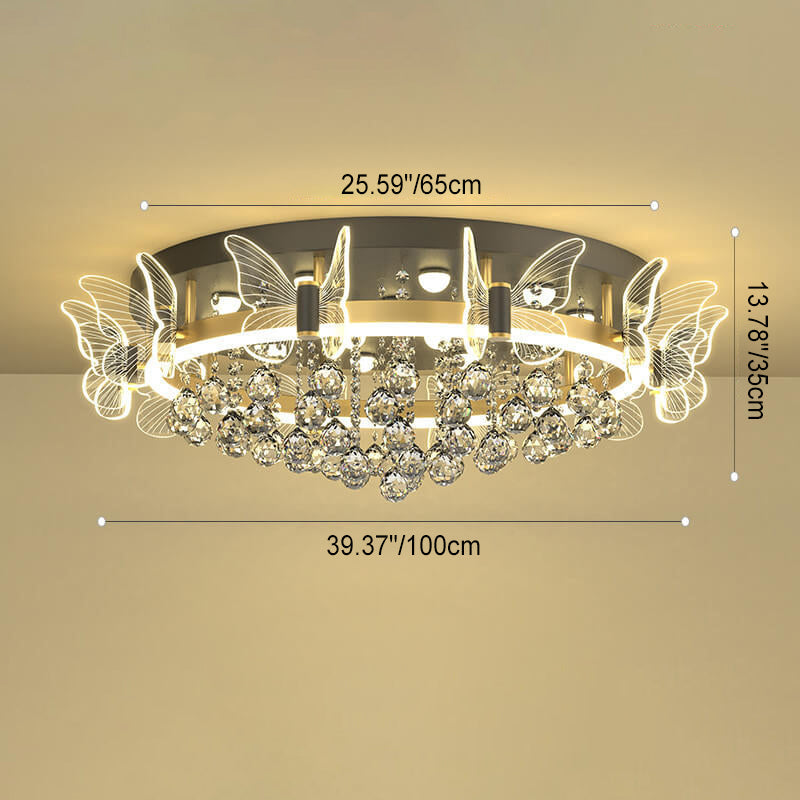 Modern Luxury Radiant Crystal Strings Butterfly Embellishment Round Shade LED Flush Mount Ceiling Light For Living Room
