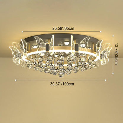 Modern Luxury Radiant Crystal Strings Butterfly Embellishment Round Shade LED Flush Mount Ceiling Light For Living Room