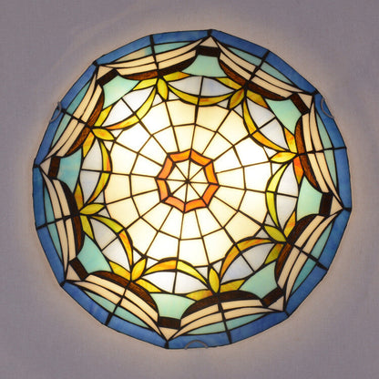 European Stained Glass Tiffany Round Various Pattern Designs 2/3 Light Flush Mount Light