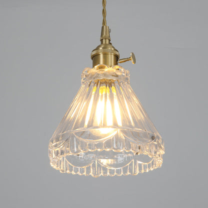 Traditional Japanese Brass Walnut Glass Ceramic Cylinder Conic Flower Bowl 1-Light Pendant Light For Dining Room