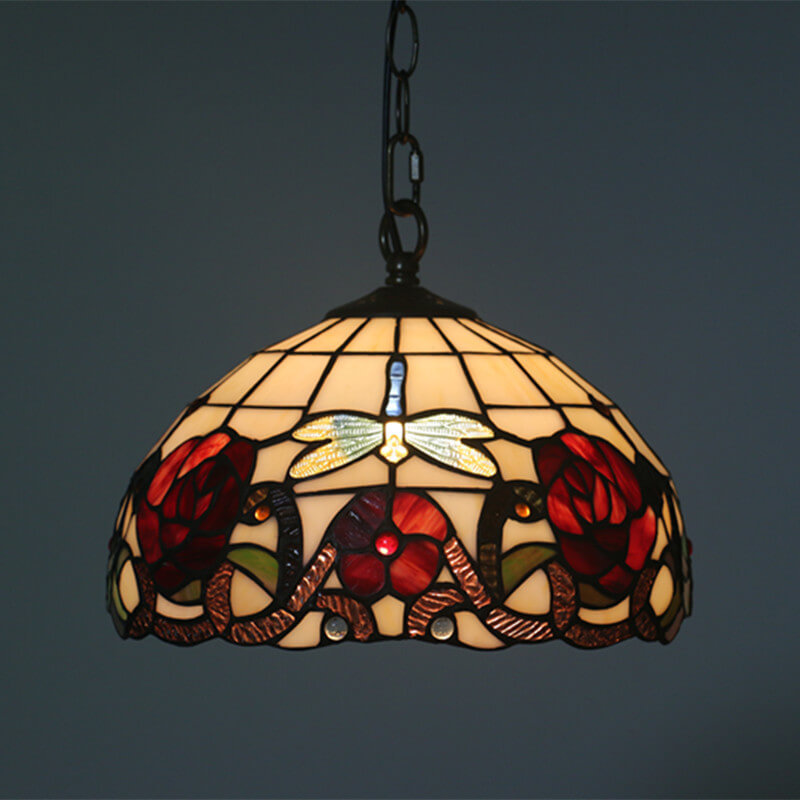 Tiffany Vintage Butterfly Stained Glass Dome 1-Light Pendant Light
