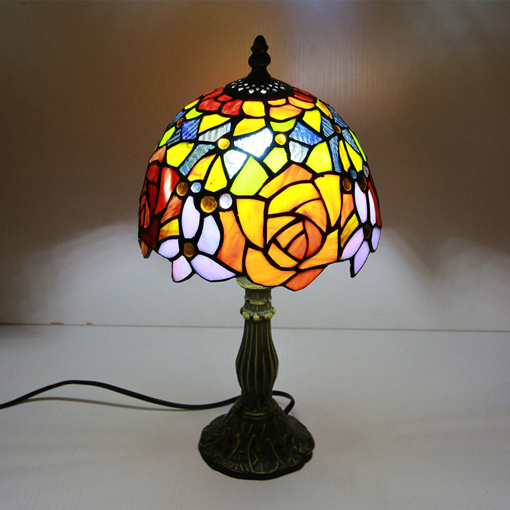 Tiffany Vintage Stained Glass Flower Dome 1-Light Table Lamp