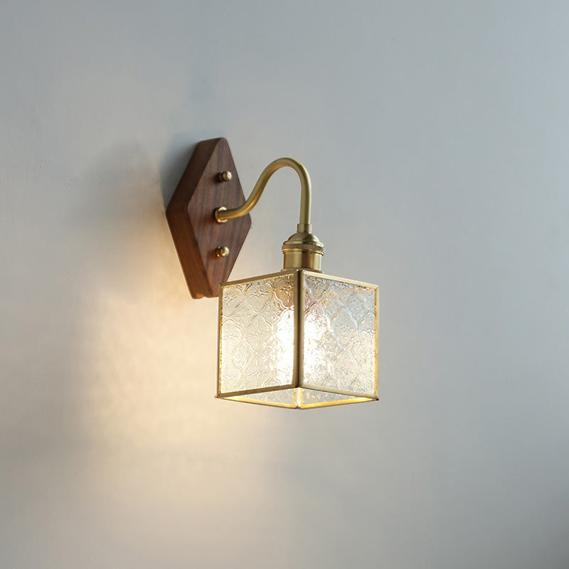 Traditional Vintage Square Copper Glass Wood 1-Light Wall Sconce Lamp For Bedroom