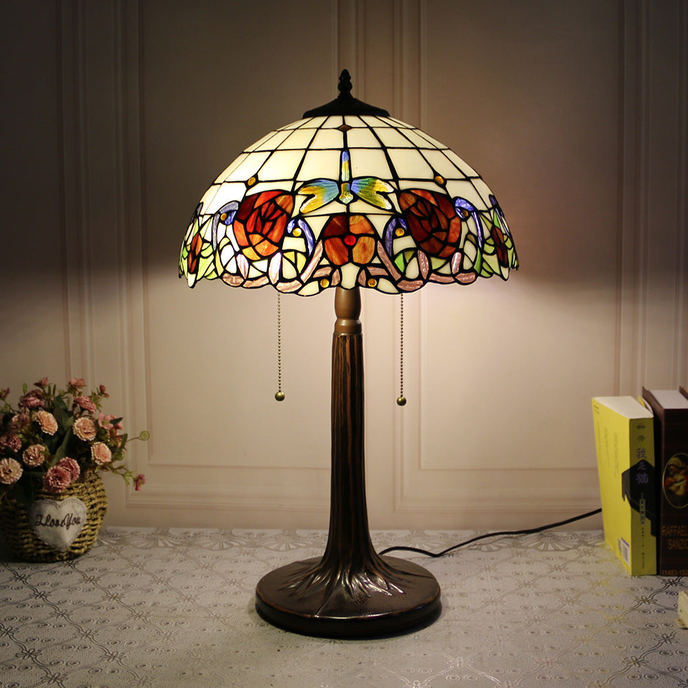 Traditional Tiffany Dome Rose Zipped Zinc Alloy Glass 2-Light Table Lamp For Bedside