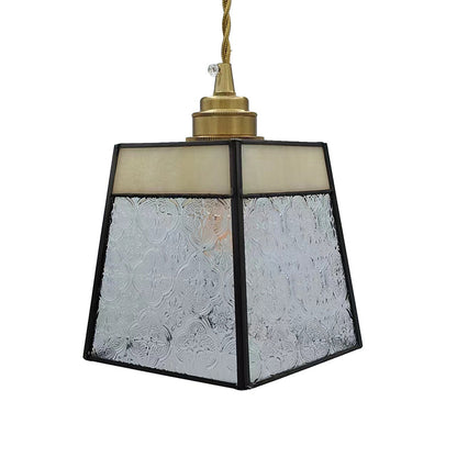 Traditional Vintage Brass Glass Cylinder Quadripartite Horn Lattice 1-Light Pendant Light For Dining Room