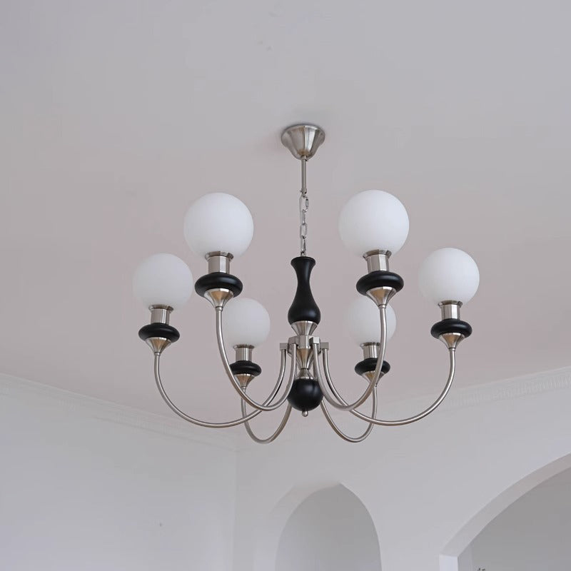Traditional Vintage Branch Curved Pole Orb Iron Wood Glass 3/5/6 Light Chandelier For Living Room