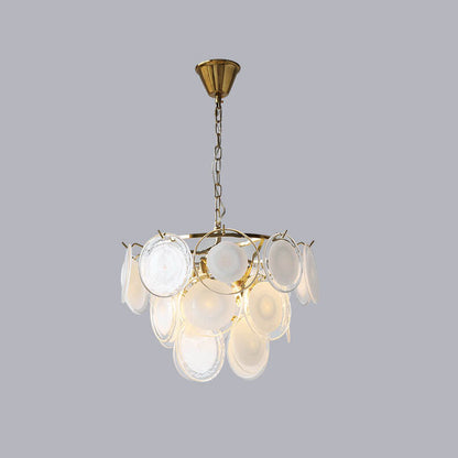 French Vintage White Glass Round Shell 5 Light Chandelier