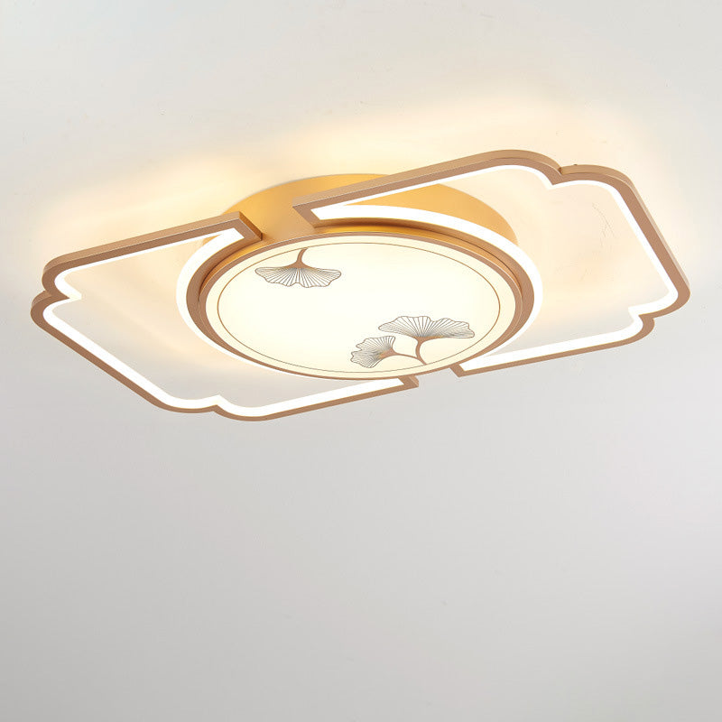 Traditioanl Chinese Iron Aluminum Acrylic Round Rectangular Square Ginkgo Leaf LED Semi-Flush Mount Ceiling Light For Living Room