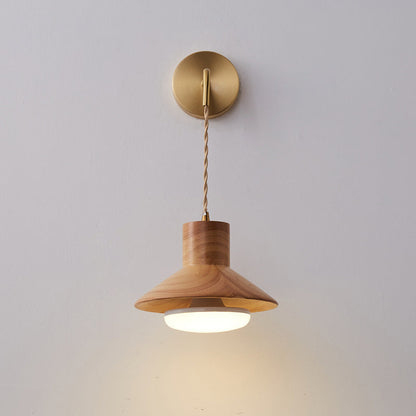Traditional Japanese Round Wood Copper Glass 1-Light Wall Sconce Lamp For Living Room