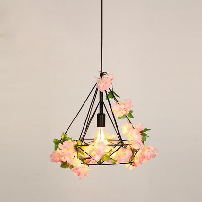 Contemporary Retro Iron Hemp Rope Simulated Greenery Diamond Sakura Leaf 1-Light Pendant Light For Dining Room
