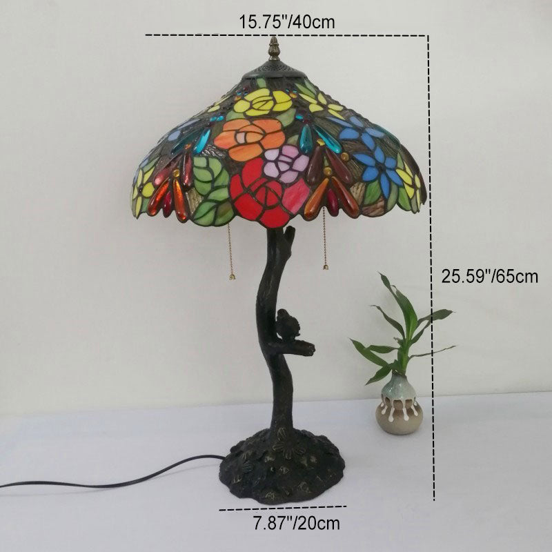 Traditional Tiffany Flower Stained Glass Resin Base 2-Light Table Lamp For Living Room