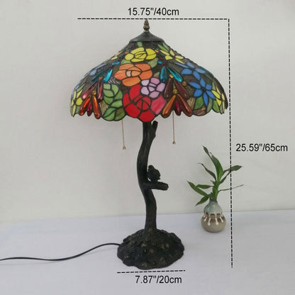 Traditional Tiffany Flower Stained Glass Resin Base 2-Light Table Lamp For Living Room