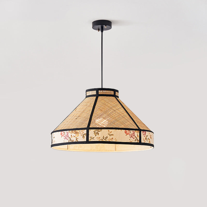 Contemporary Vintage Round Cone Raffia Hardware 1-Light Pendant Light For Living Room