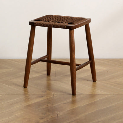 Traditional Japanese Rectangular Rope Woven Wooden Bar Stool For Dining Room