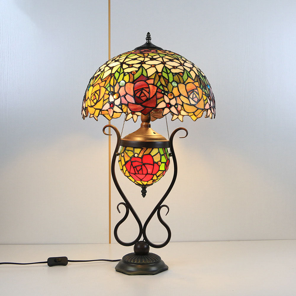 Tiffany European Vintage Floral Stained Glass Round Pot 3-Light Table Lamp